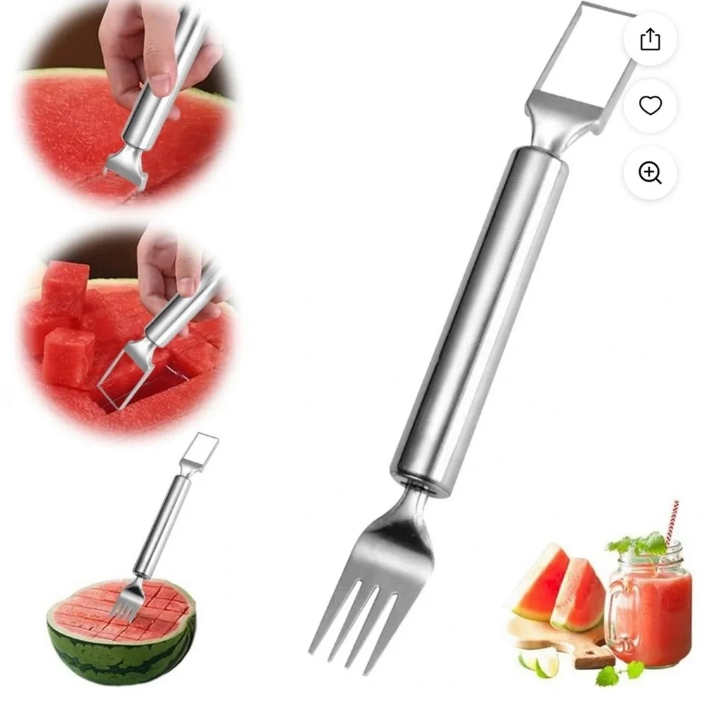2-Pc Stainless Steel 2-in-1 Watermelon Cutter and Fork NIB